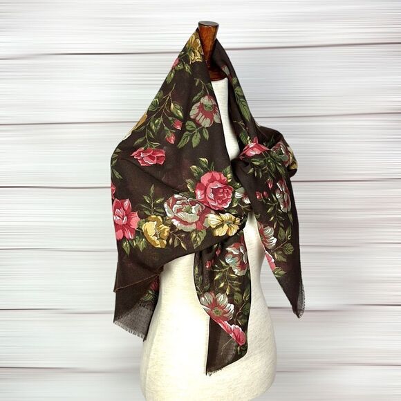Large Square Brown Floral Roses Scarf Shawl Wrap 46x46 - Picture 8 of 10